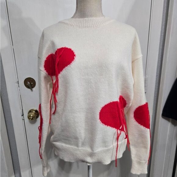 Romwe Heart Pattern Fringe Trim Drop Shoulder Sweater Sz Small - Picture 4 of 13